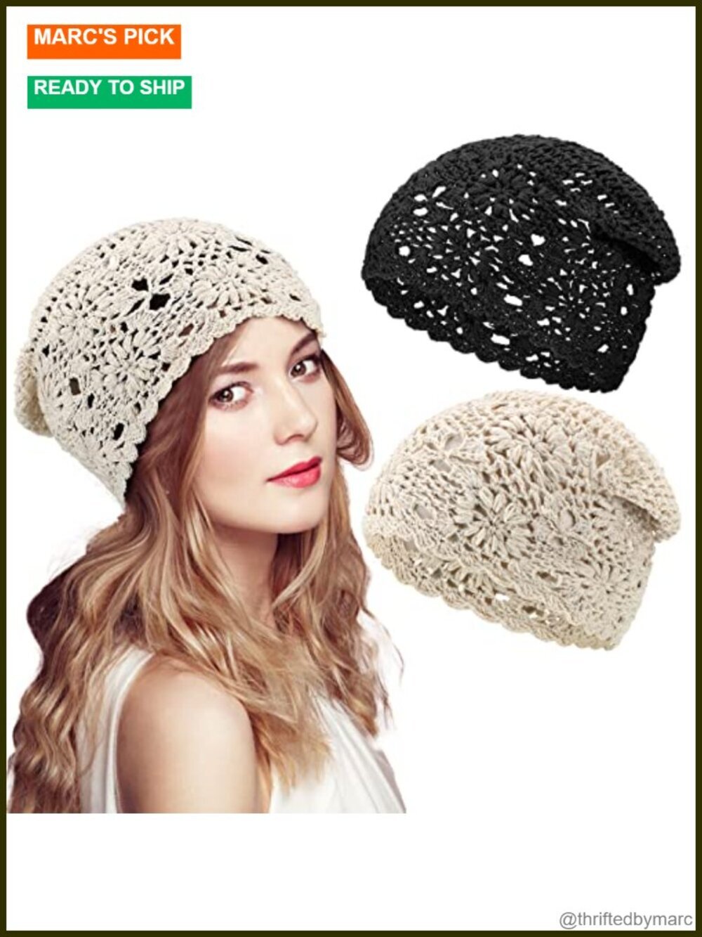2pk Floral Crochet Beanie Hat Handmade Knit Cutout Skull Cap Stretchy Knitted